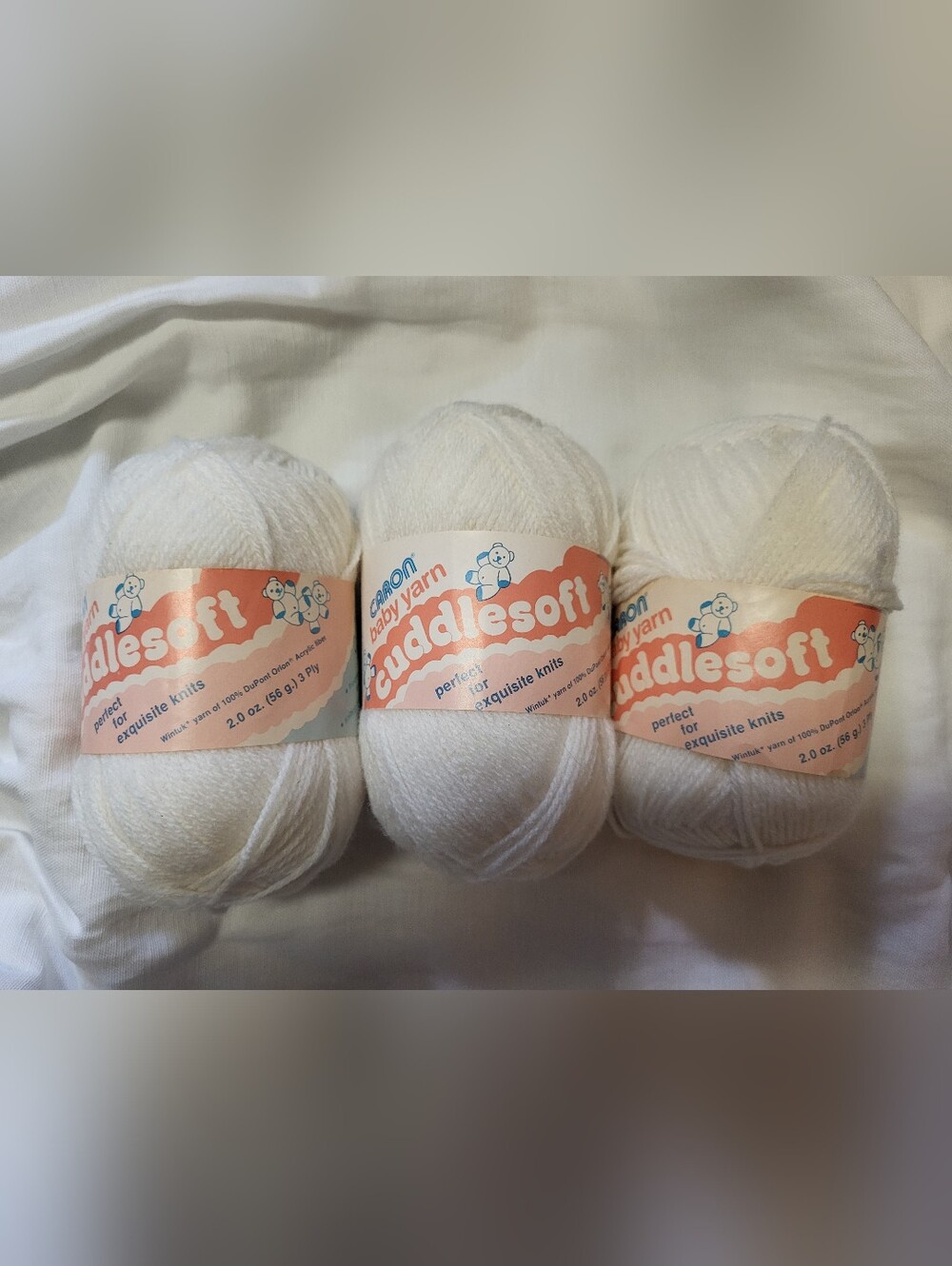 Vintage Caron Cuddle Soft Baby Yarn 3 Skeins White Acrylic 2oz 3 ply USA